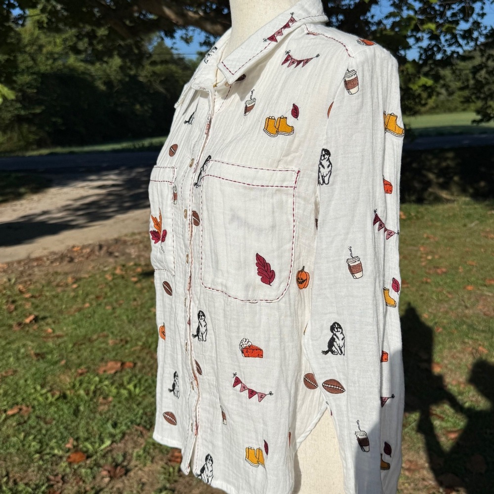 Pilcro Anthropologie Embroidered Fall Motif Cotton Gauze Button Down Shirt M - Picture 8 of 11